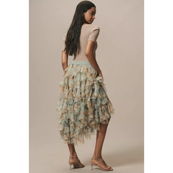 NWT by Anthropologie Cheri in Green Floral Ruffled Tulle Midi Skirt M - Picture 5 of 10